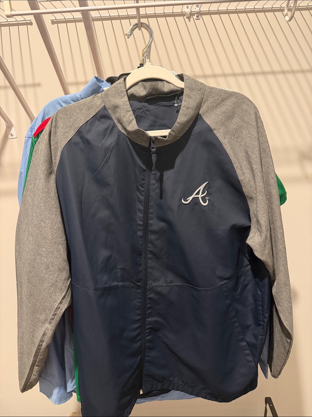 Men's Navy and Gray Athletic Jacket with Script 'A' Logo